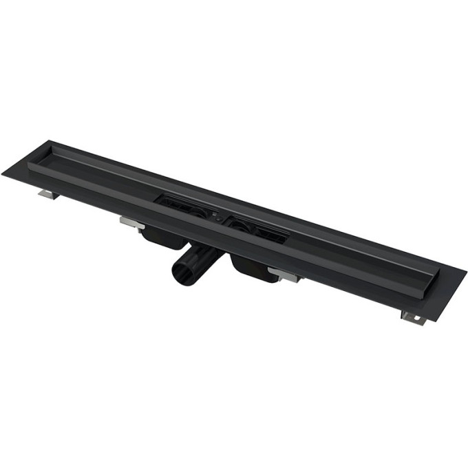 Водоотводящий желоб ALCAPLAST APZ101BLACK-1450 с порогами для перфорированной решетки, черный матовый, низкий, горизонтальный сток